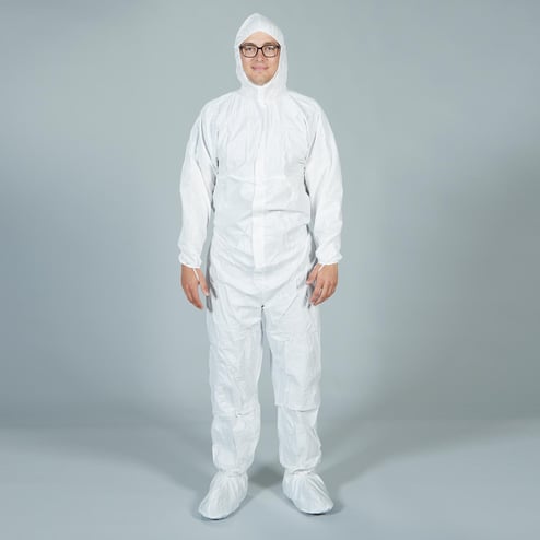 white disposable coverall with hood and attached boot covers